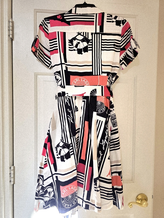 NWT Karl Lagerfeld Paris Logo Printed Shirt Dress Black White Coral Pink - US 2 - Picture 2 of 12